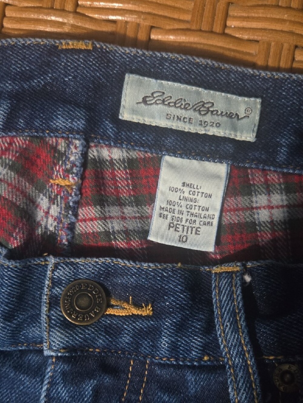 Eddie Bauer Blue Denim Jeans with Red Gray Plaid Lining - Picture 2 of 6